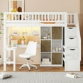 thumbnail image 3 of Wood Twin Size Loft Bed with Built-in Desk, LED, Storage Shelves, Cabinets and Staircase, White, 3 of 9