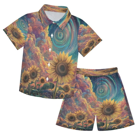 YAZAOO Button-Down Shirts Summer Shorts Sets Fashion Sunflowers under A Cosmic Sky Pattern Casual Set