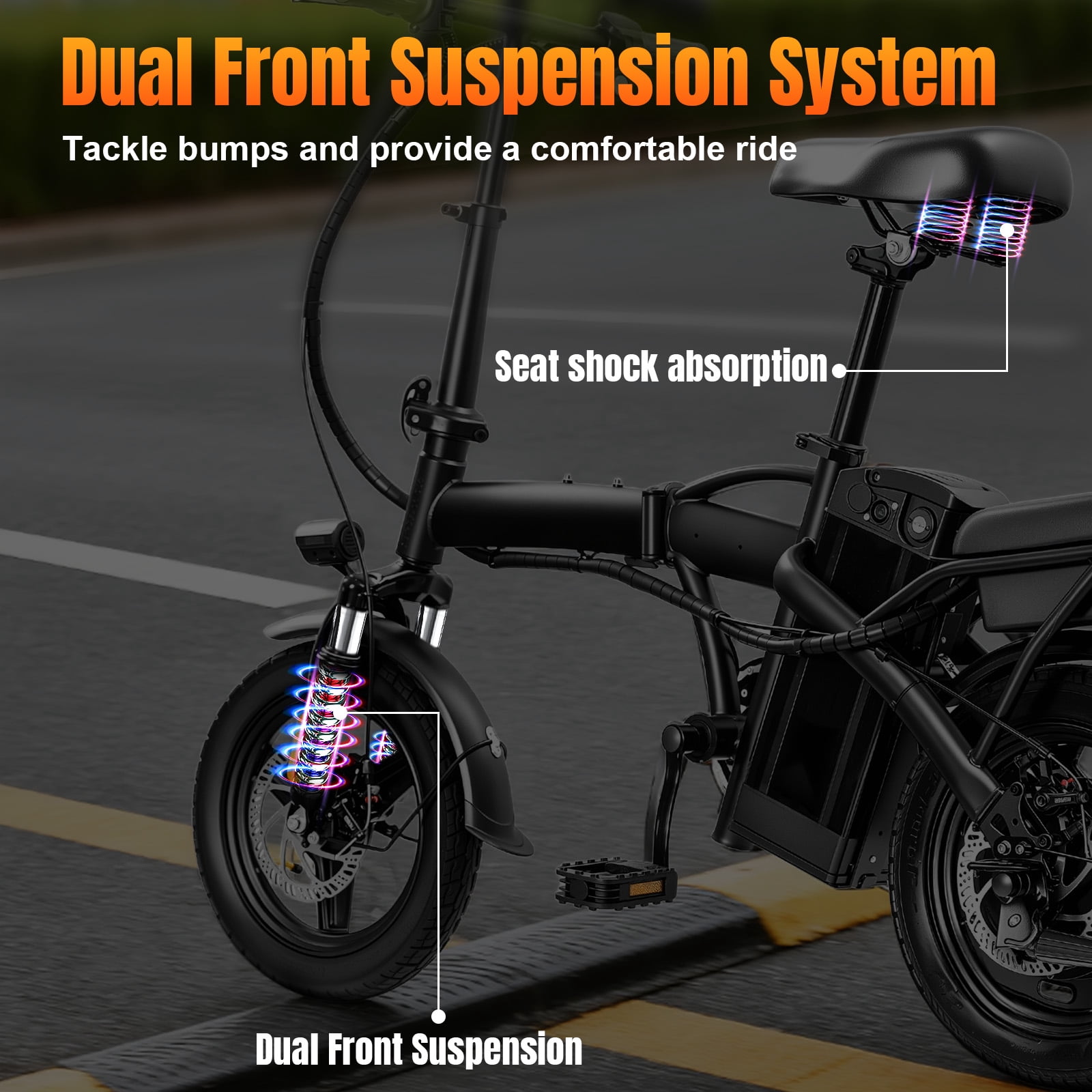 14 Inch Foldable Adult Electric Bicycle, 48V 10Ah 400W Motor, 3-Speed Gearing, Dual Spring Shock Absorbers, Front and Rear Led Safety Lights, Portable Design