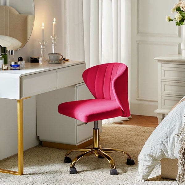 Tina's Home Fushia Velvet Swivel Office Chair with Gold Legs, Adjustable Height Rolling Desk Chair for Vanity
