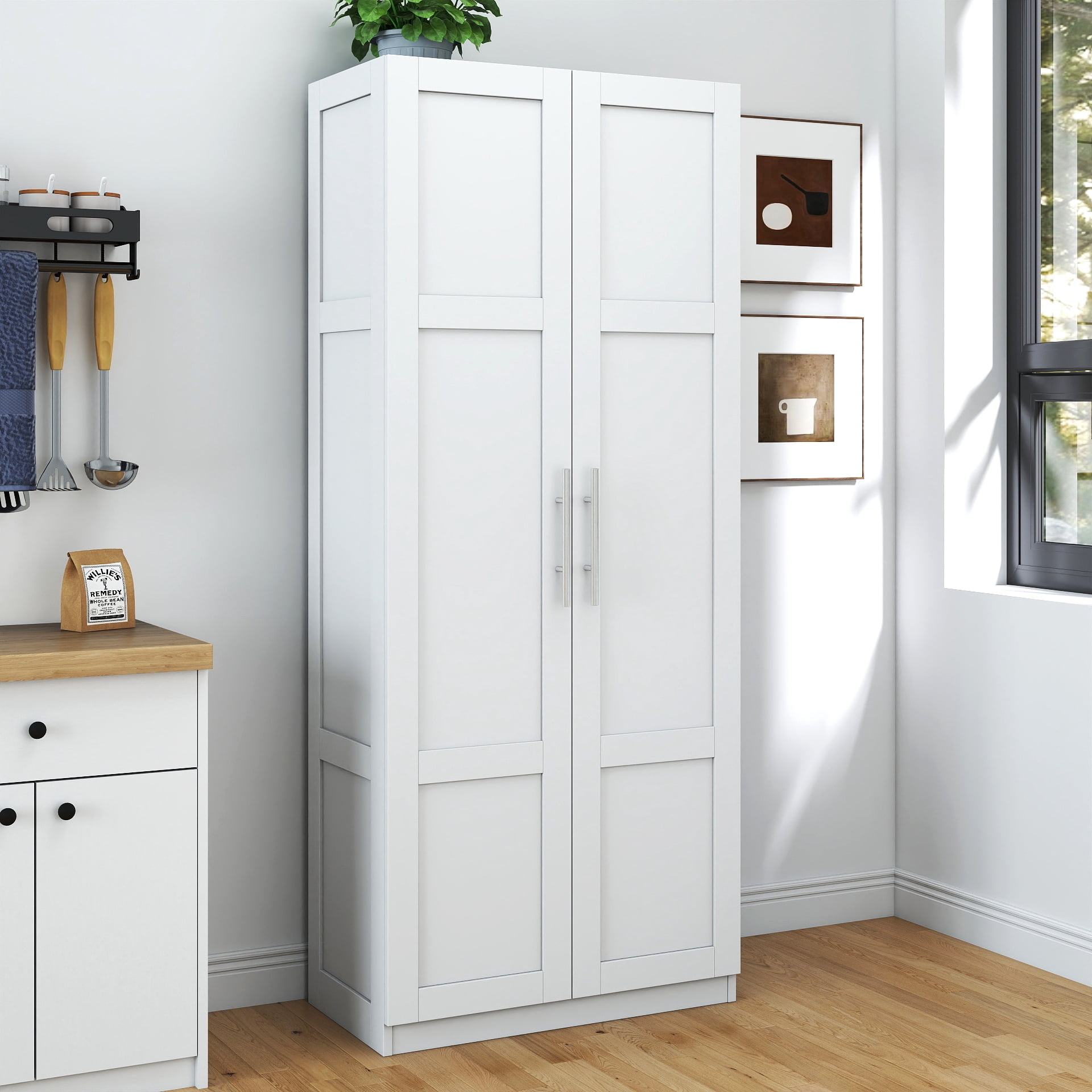 New 71 inch Pantry Cabinet, Kitchen Pantry Storage Cabinets with 2 Door and 3 Shelves, White Pantry Storage Cabinet, Cupboard for Kitchen, Dining Room and Living Room.