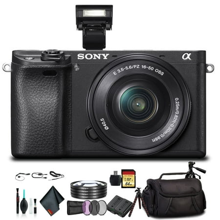 Sony Alpha a6300 Mirrorless Camera with 16-50mm Lens Black ILCE6300L/B With Soft Bag, Lens Filters, Tripod, Additional Battery, 64GB Memory Card, Card Reader , Plus Essential Accessories