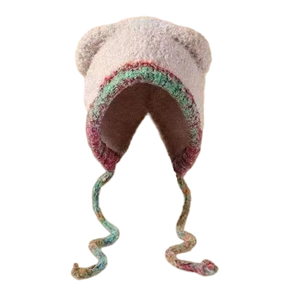 Knitted Hat Womens Autumn Winter Bear Ear Design Face Knitted Hat Slimming Coldproof Ear Protection Hat Outdoor Warm Hat