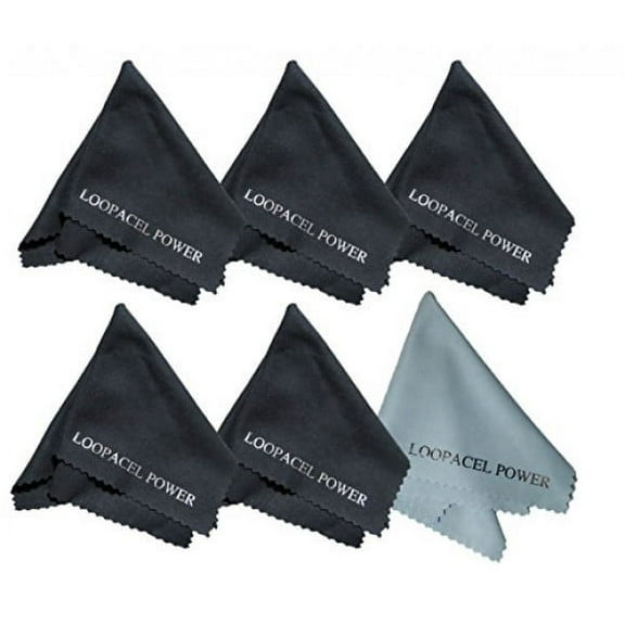 Loopacell 6 Microfiber Cleaning Cloths Ultra Smooth, 5 Black and 1 Light Blue