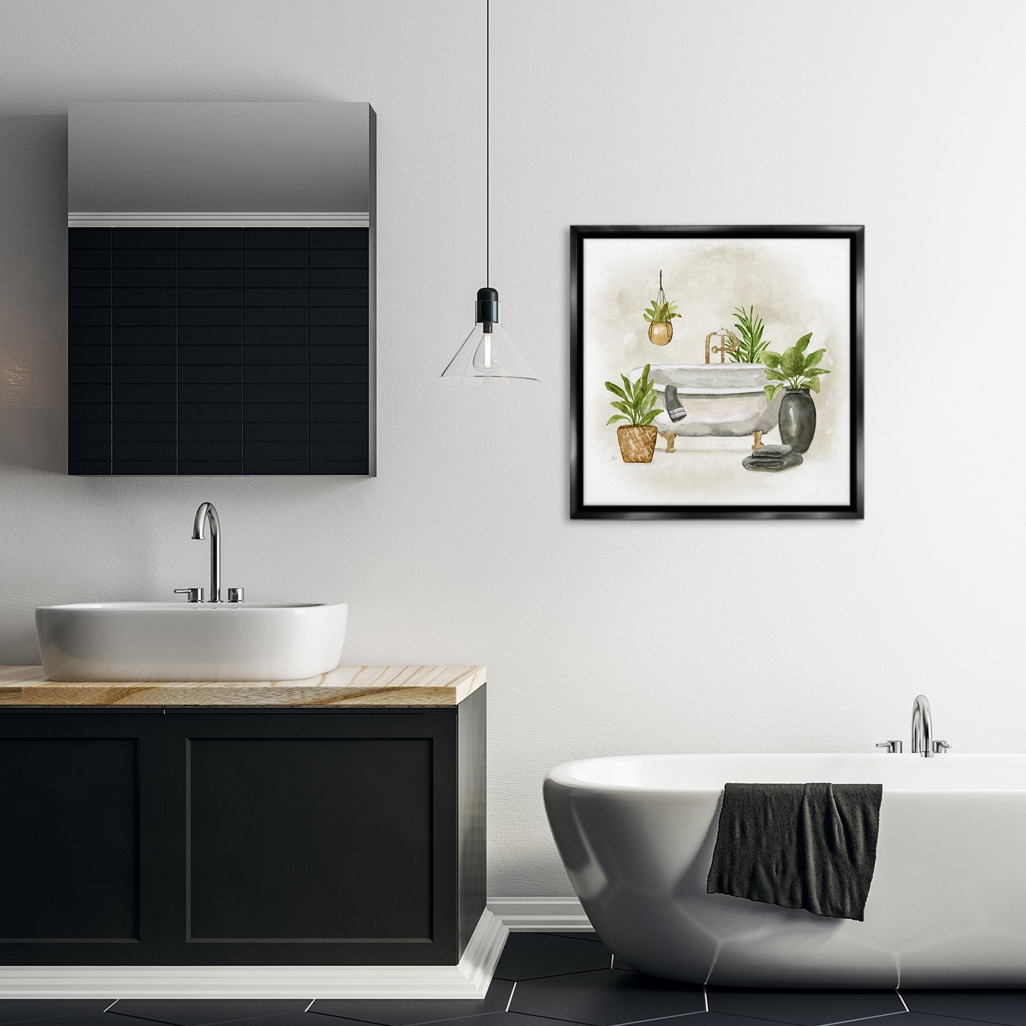 Stupell Industries Bathroom with Plants Bath & Laundry Painting Black Floater Framed Canvas Art Print Wall Art, 25 x 25