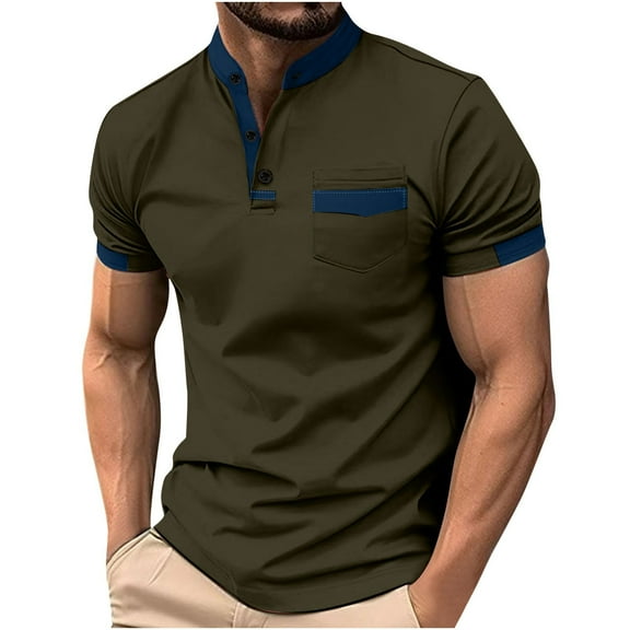 POTETI Short Sleeve Polo Shirts for Men Casual High Neck Shirts Solid Pocekts Loose Tops