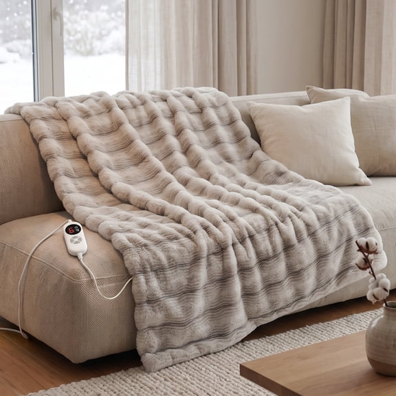 CalFancy Heated Blanket 50"x60", Luxury Faux Fur Electric Blanket with 6 Heat Levels, 1-4H Timer, ETL&FCC Certified, OEKO-TEX Fabric,Fast Heating, Machine Washable, Brown