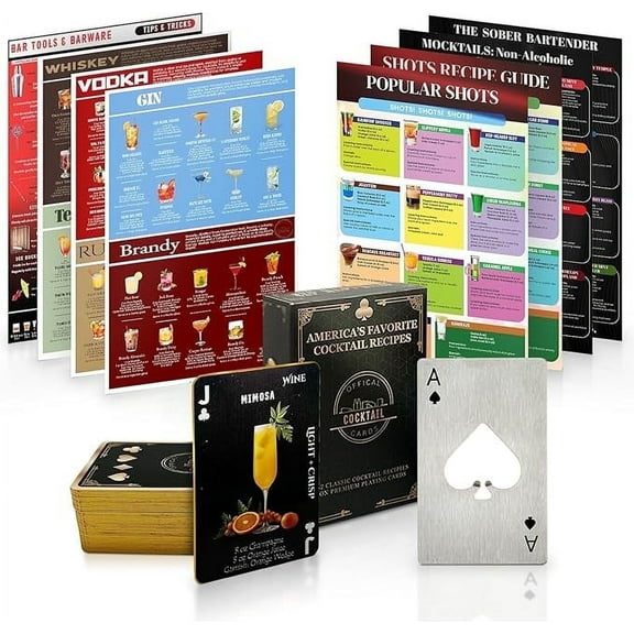 Official Cocktail Cards – Black 5-Piece Barware Set with Drink Recipe Deck & Bartender Tools, Premium Mixology Kit