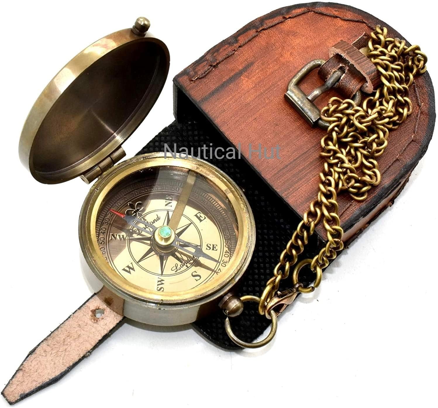 Engraved Brass Compass With Premium Leather Case & Chain - Brass Pocket Compass - Personalized Compass Gift For Hiking,Husband, Him, Her,Son, Graduation Day