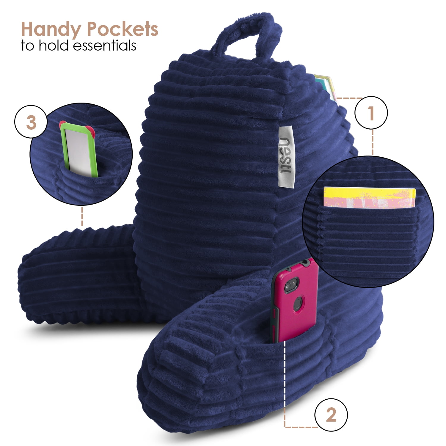 Nestl Reading Pillow Bonus Portable Lap Desk Stand for Laptop 19x11”, Cut Plush Striped Back Support Pillow, Shredded Memory Foam Bed Rest Pillow with Arms for Kids & Teens - Small, Navy