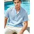 thumbnail image 5 of Cotton Linen Shirts for Men Short Sleeve Casual Holiday Beach Grandad Collar Henley Shirt Sky Blue, 5 of 8