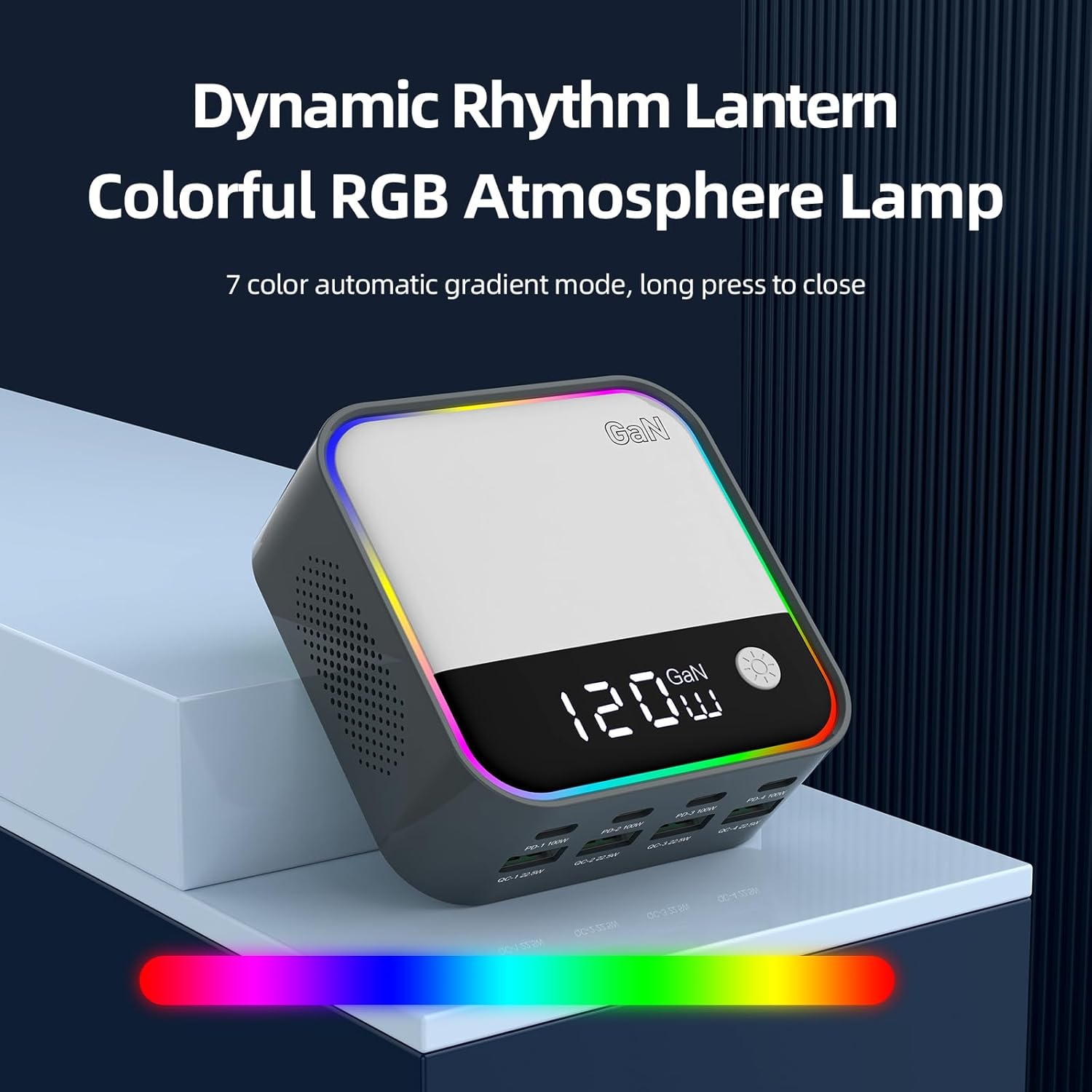 120W GaN USB C Charger Block, 8-Port USB Charging Station, Fast Charging Hub with Rainbow Gradient Light & LED Display, Desktop Charger Adapter for Phone, Tablet, Laptop, Headphones