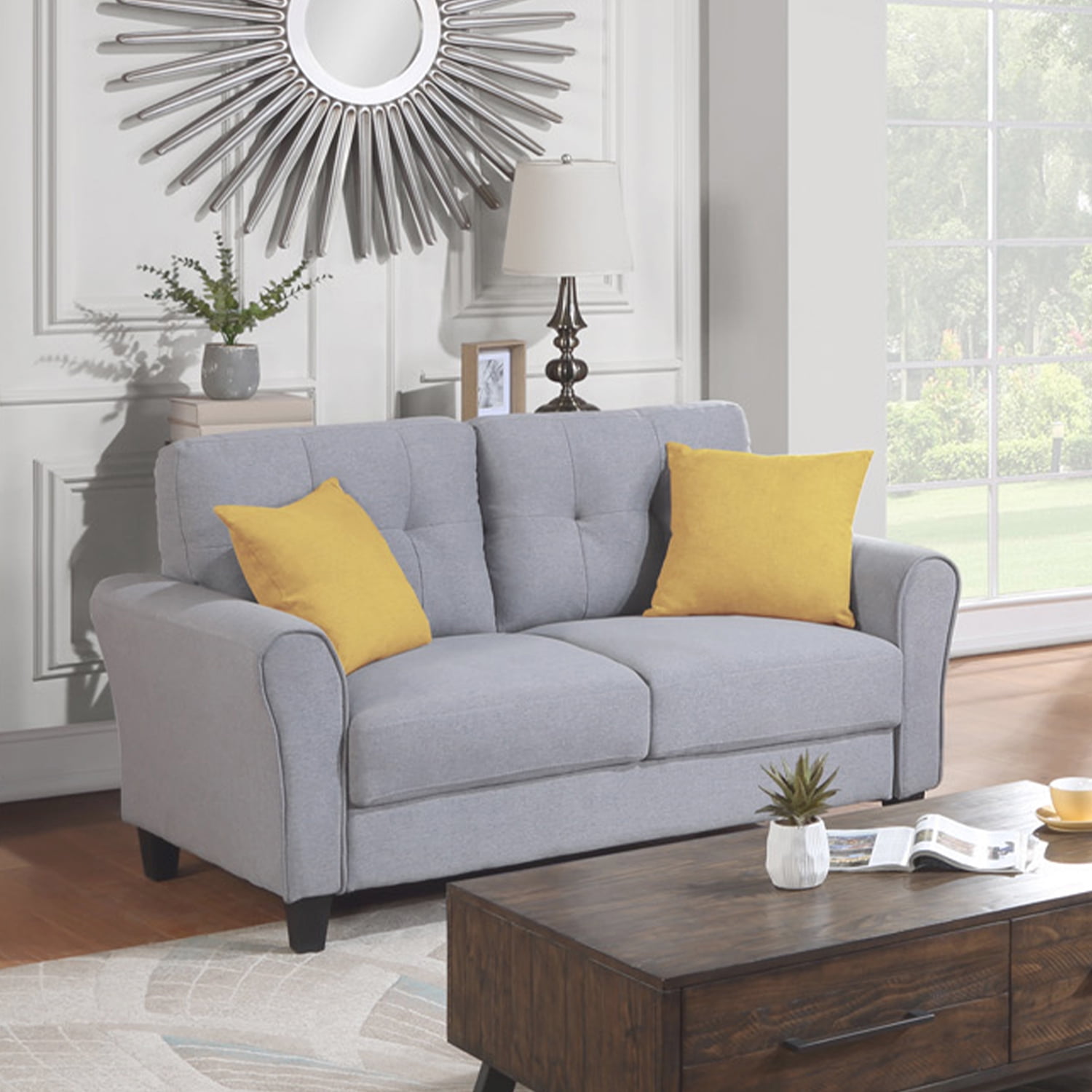 Kadyn 57.5" Modern Living Room Loveseat Sofa, Upholstered Sofa Couch for Home, Linen 2 Seater Sofa for Living Room, Light Grey-Blue