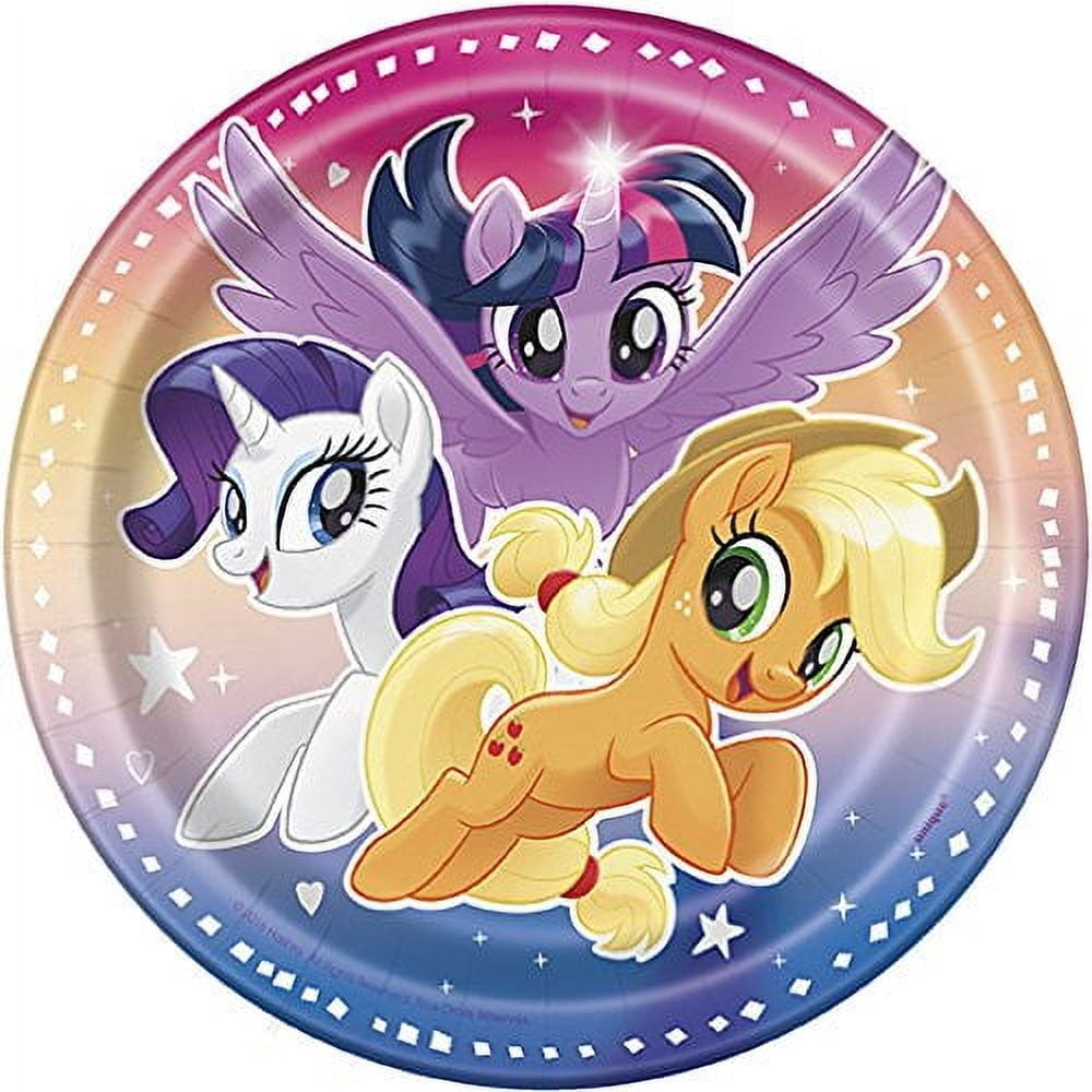 My Little Pony Birthday Supplies Bundle includes 16 Dessert Cake Paper Plates 7", 16 Paper Napkins, 1 Plastic Table Cover 54" x 84", 1 Happy Birthday Banner, 1 Dinosaur Sticker Sheet