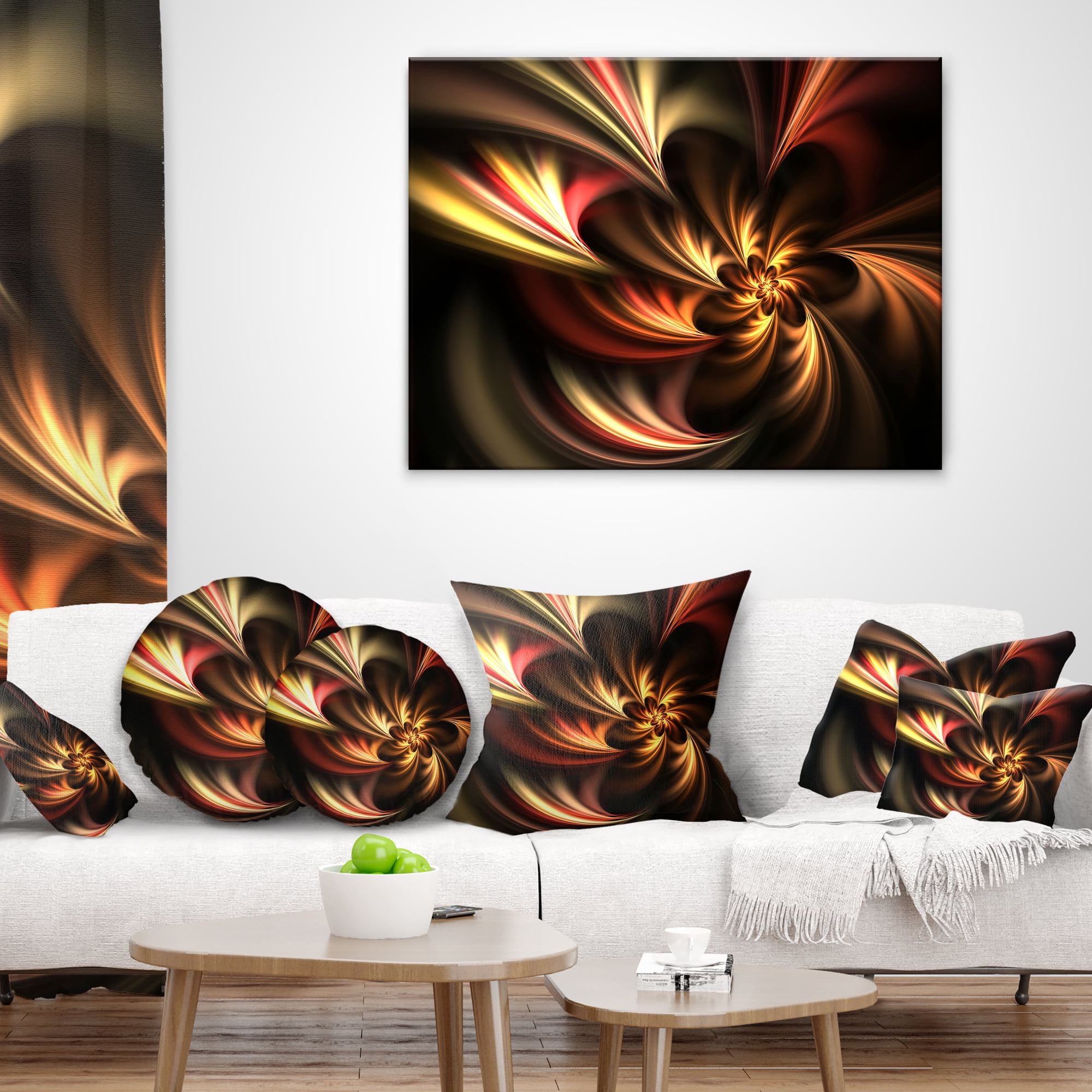 Designart Glossy Yellow and Red Fractal Flower - Floral Throw Pillow - 12x20