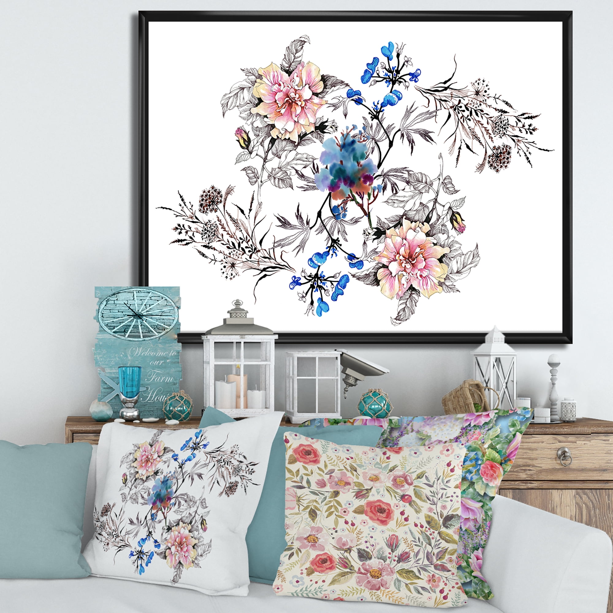 Designart 'Pink and Blue Wildflowers' Traditional Framed Canvas Wall Art Print