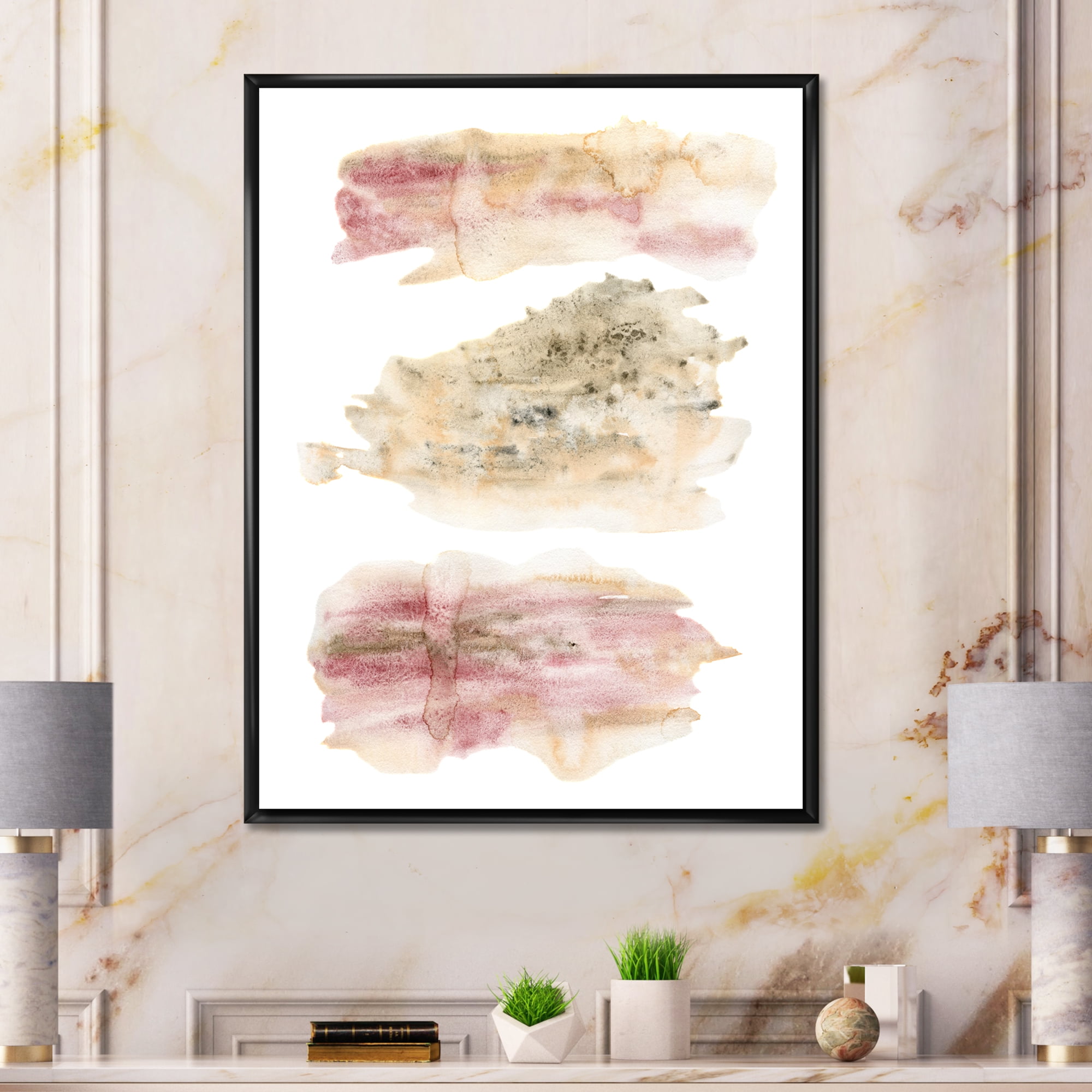 Designart 'Pink and Golden Abstract Clouds' Modern Framed Canvas Wall Art Print