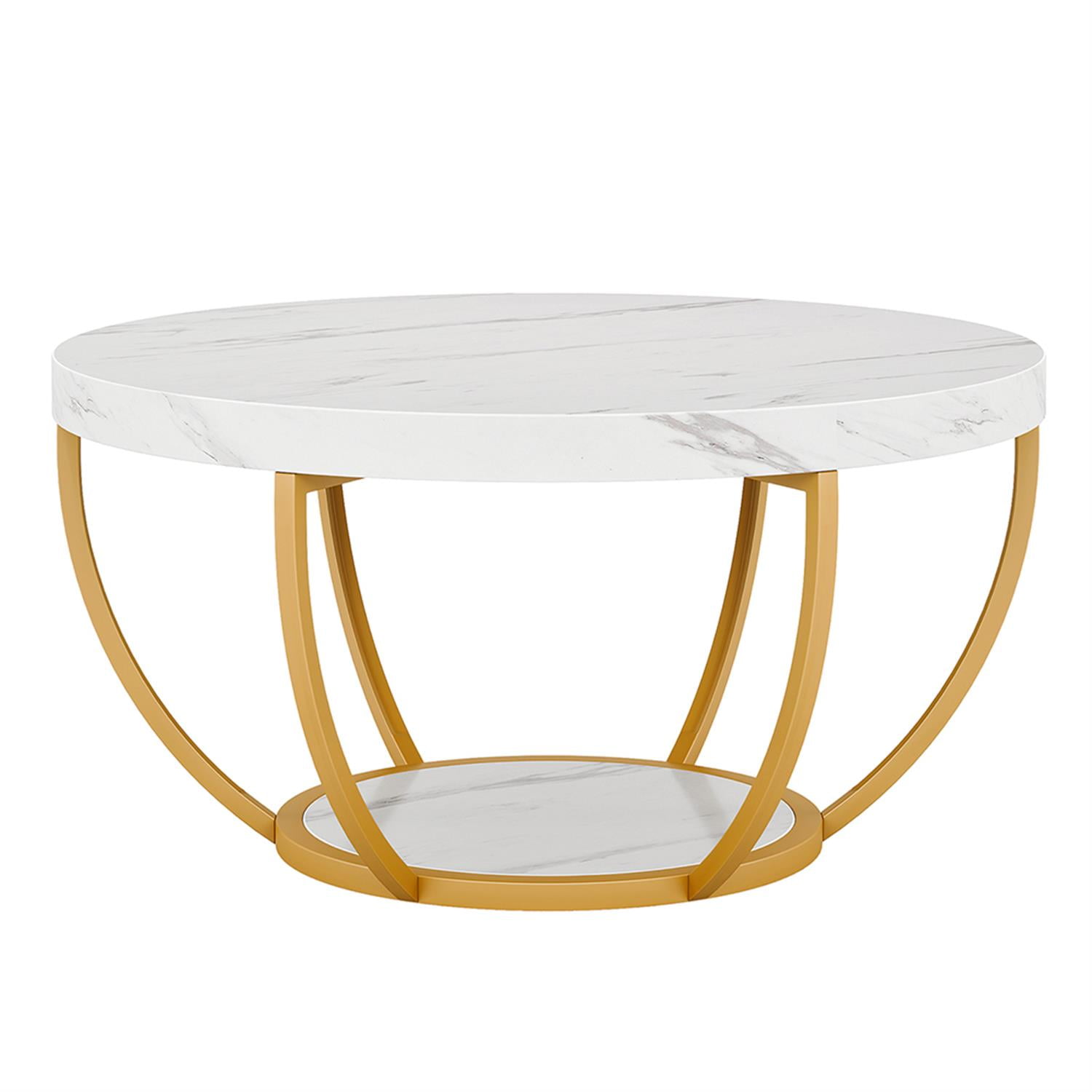 Demi Bonn Wooden Coffee Table, 2-Tier Round Central Cocktail Table with Shelves for Living Room, White