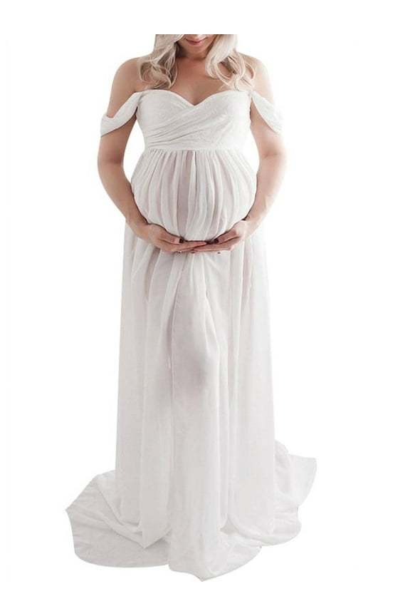 Jchiup Maternity V Neck Off The Shoulder Open Split Gown Maxi Photography Dress