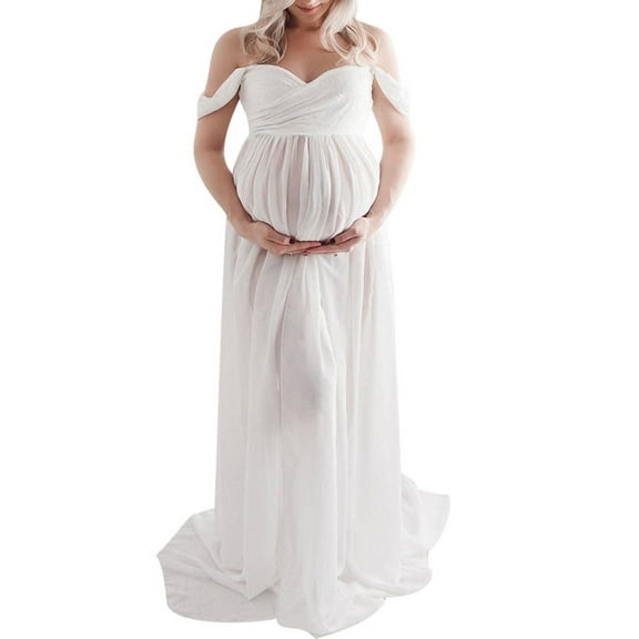 Jchiup Maternity V Neck Off The Shoulder Open Split Gown Maxi Photography Dress