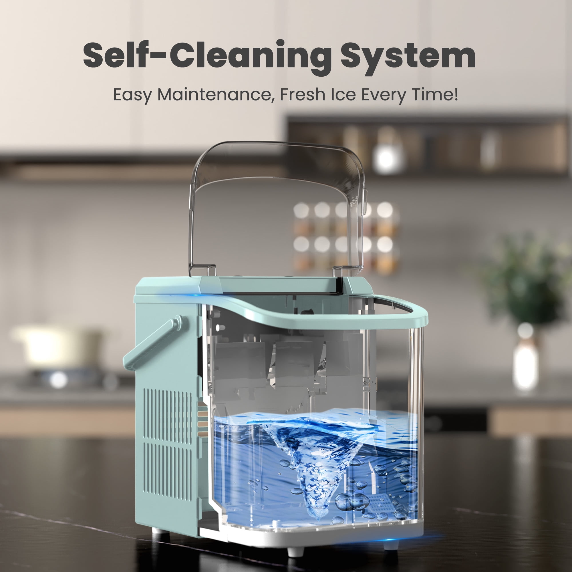 CONCETTA Portable Ice Maker Machine, 26.5 lb/Day Ice, Two Ice Sizes, Self-Cleaning Function, Bullet Ice Maker with Ice Scoop & Basket, Green