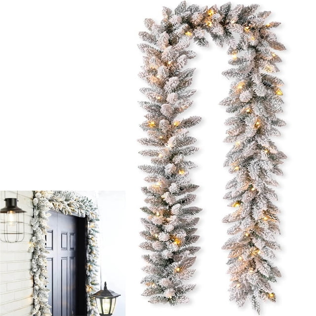 guirnalda navideña decorativa de pino y acebo nevado para chimenea, barandilla o entrada. nchkun guirnalda de ramas de pino y acebo con acabado aterciopelado que imita nieve, agujas densas y luces cálidas visibles; material plástico, vista frontal en 3/4 preparada para decorar repisas, barandales o marcos de puerta; también se usa para crear coronas compactas.