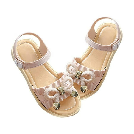 

Girls Summer Beach Flat Sandals Bowknot with Soft Sole Anti-Slip Shoes for Children Little Kids 24 Apricot