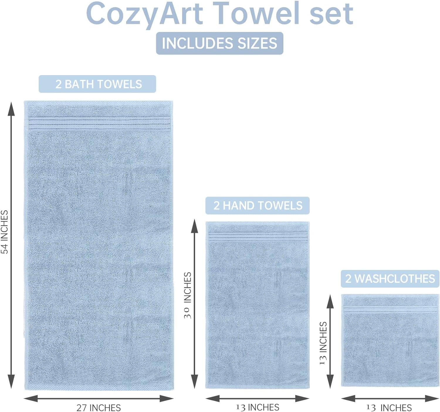 Light Blue Towels Sets for Bathroom 6Pcs, Turkish Cotton Bath Towels Set Soft Highly Absorbent&Durable 650SM Luxury Bath Towel Sets with 2 Bath Towels, 2 Hand Towels, 2 Washclothes