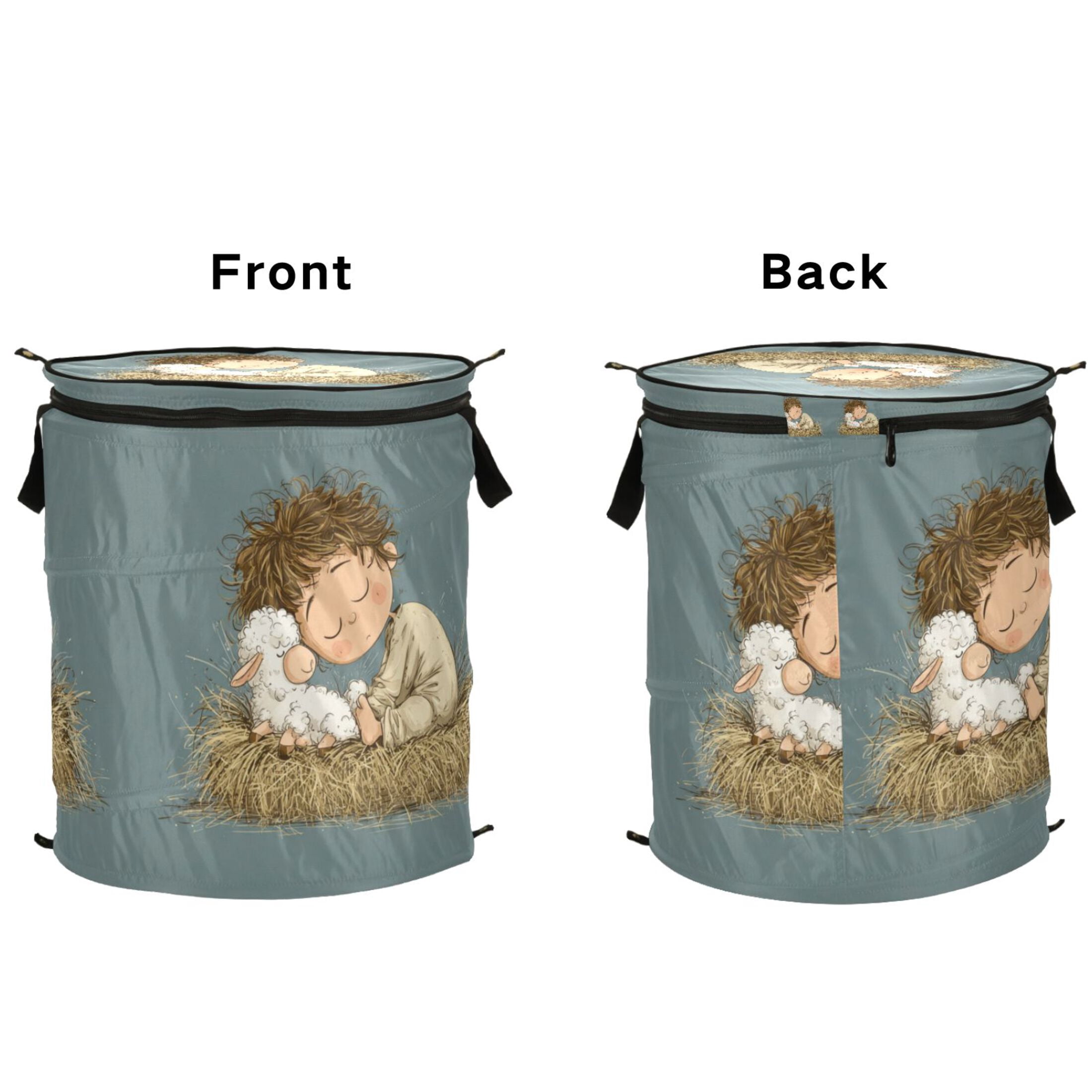 50L Extra Large Popup Hamper Collapsible Laundry Basket With Zippered Lid 15.7x18.5in A Cute Boy Sleeps with Lamb