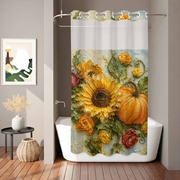 Thanksgiving Fall Shower Curtain, Rustic Orange Pumpkin Sunflower Heavy Impasto Waterproof No Hooks Bath Shower Curtain with See Through Top Window for Bathroom Bathtub 36x72in