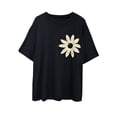 thumbnail image 4 of Womens 3D Floral Embroidery Pleated Soft Breathable Round Neck Short Sleeve Tshirt Black S, 4 of 9