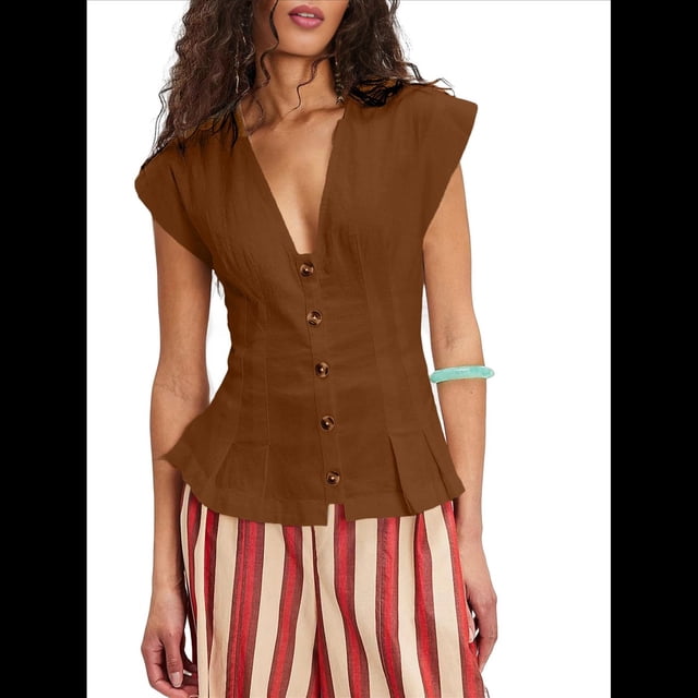 Blusa de Corta con Botones y Dobladillo con Volantes para Mujer, Estilo Bohemio Y2K, Estilo Cárdigan con Ribete de Encaje, para Verano Marrón Oscuro L