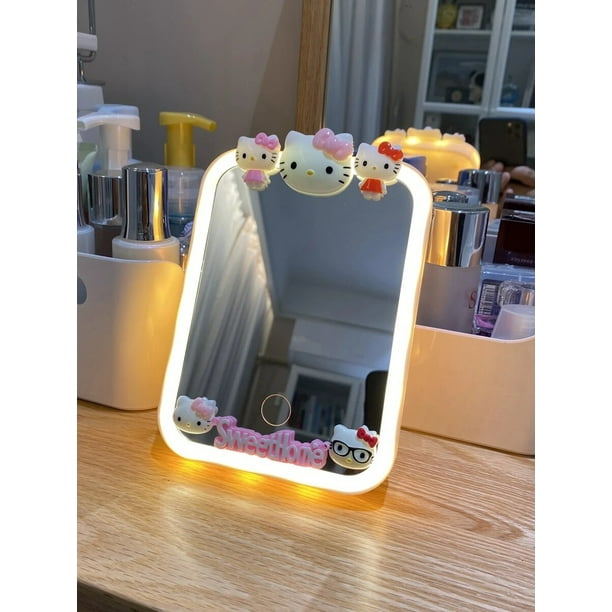 Espejo Kawaii de Hello Kitty Sanrio para dormitorio, espejo de maquillaje para encimera, bonito, creativo, luz Led inteligente, luminoso, belleza, novedad