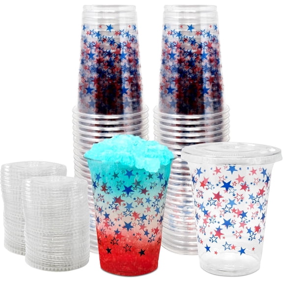 Gift Boutique Patriotic Plastic Cups 16 oz, 50 Pack Clear Cups with Straw Slot Lids, Red White Blue Star Design, Disposable Party Drinkware