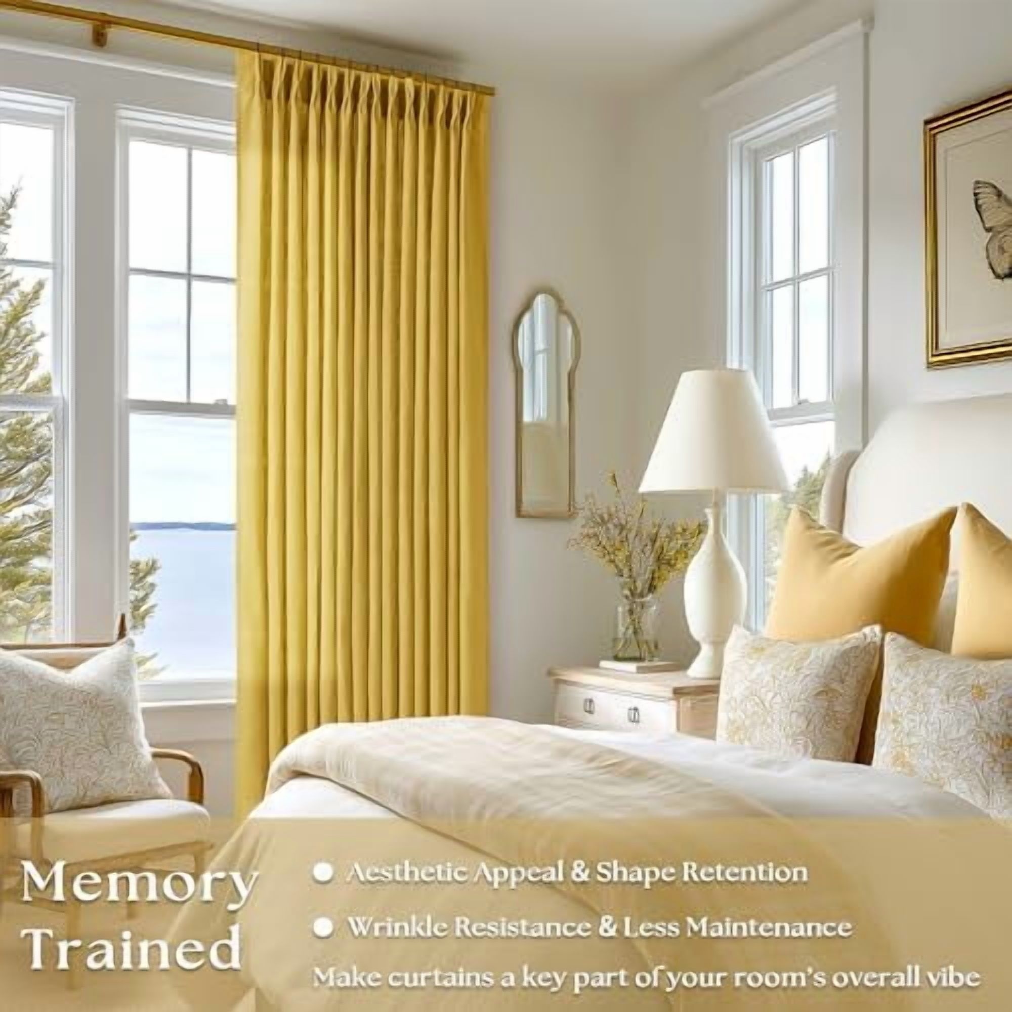 Mustard Yellow 90 Inch Linen Curtains Pinch Pleated for Living Room Bedroom Dining Boho Light Filtering Pinch Pleat Drapes Hooks Rings Back Tab Semi Sheer Gold Harvest Spring Window Curtains 2 Panels