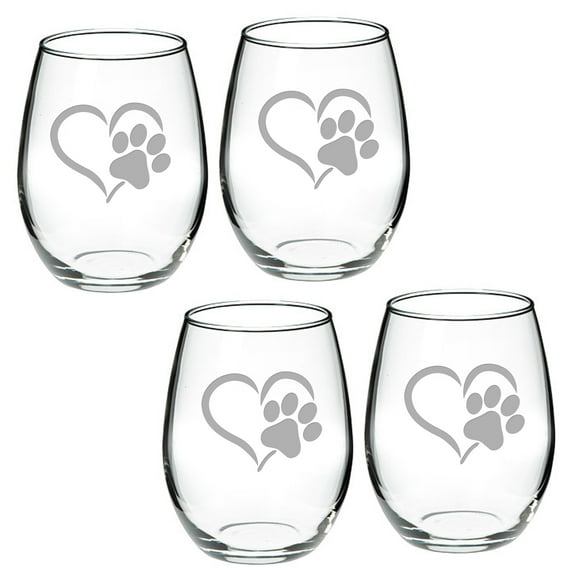 Paw Print Deep Etched Stemless Red Wine Glass Set of 2