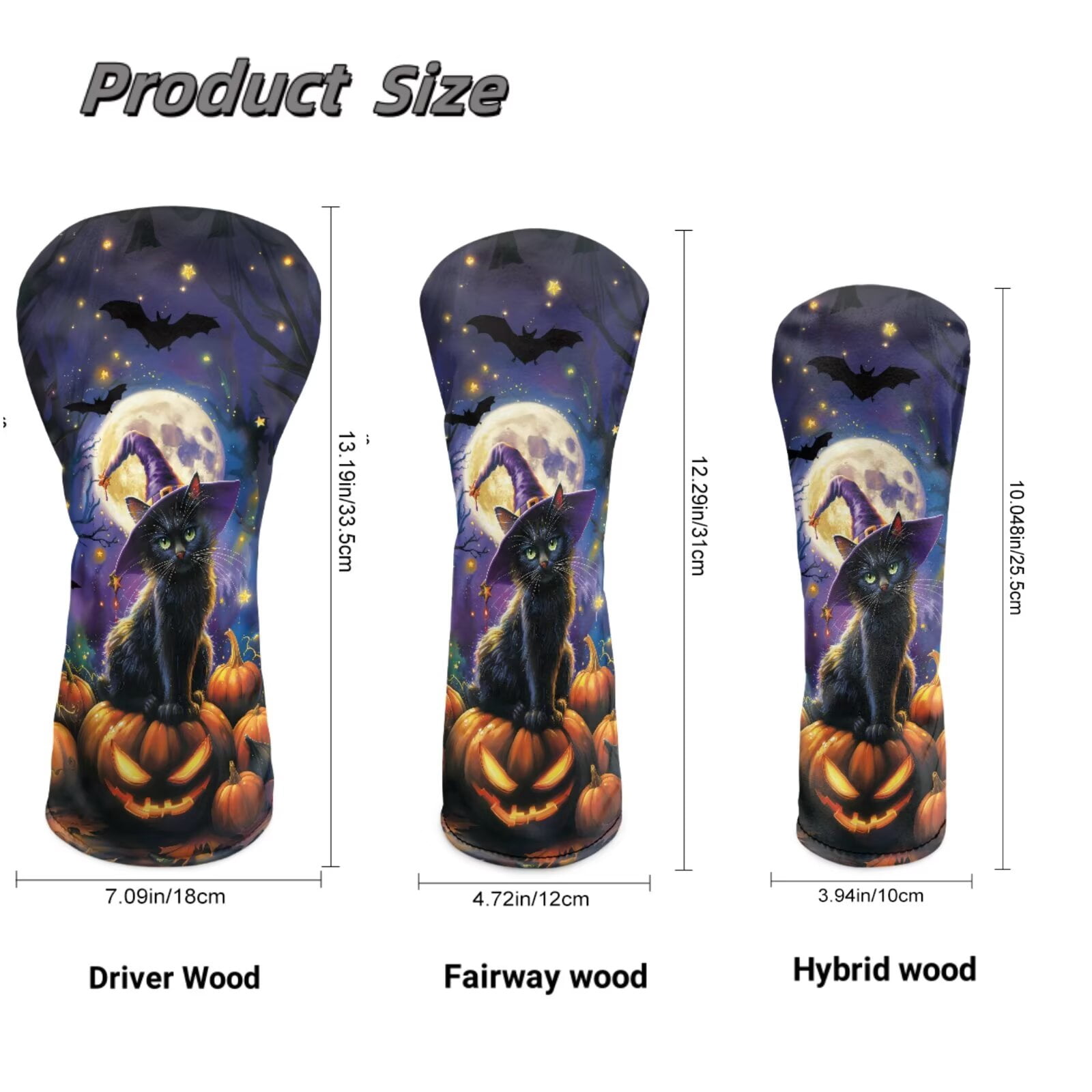Uorisanigo Golf Club Head Covers, Driver, Fairway #3#5, Hybrid Headgear, Premium Waterproof PU Leather Halloween Black Cat Golf Headcover Accessories for Women Men, Set of 3