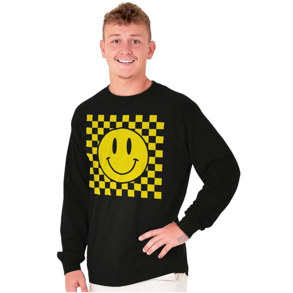 Cool Checkerboard Happy Face Smile Long Sleeve TShirt Men Women Brisco Brands S
