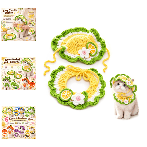 Cute Handmade Crochet Cat Hat & Collar Set, Cute Lemon Frog Bee Pumpkin Grape Minion Design, Pet Costumes, Cat Accessories for Halloween Holiday Cosplay-A