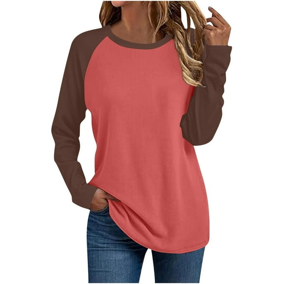 CHGBMOK Long Sleeve Shirts for Women Raglan Color Block Crew Neck Tops Trendy Casual Loose Blouses