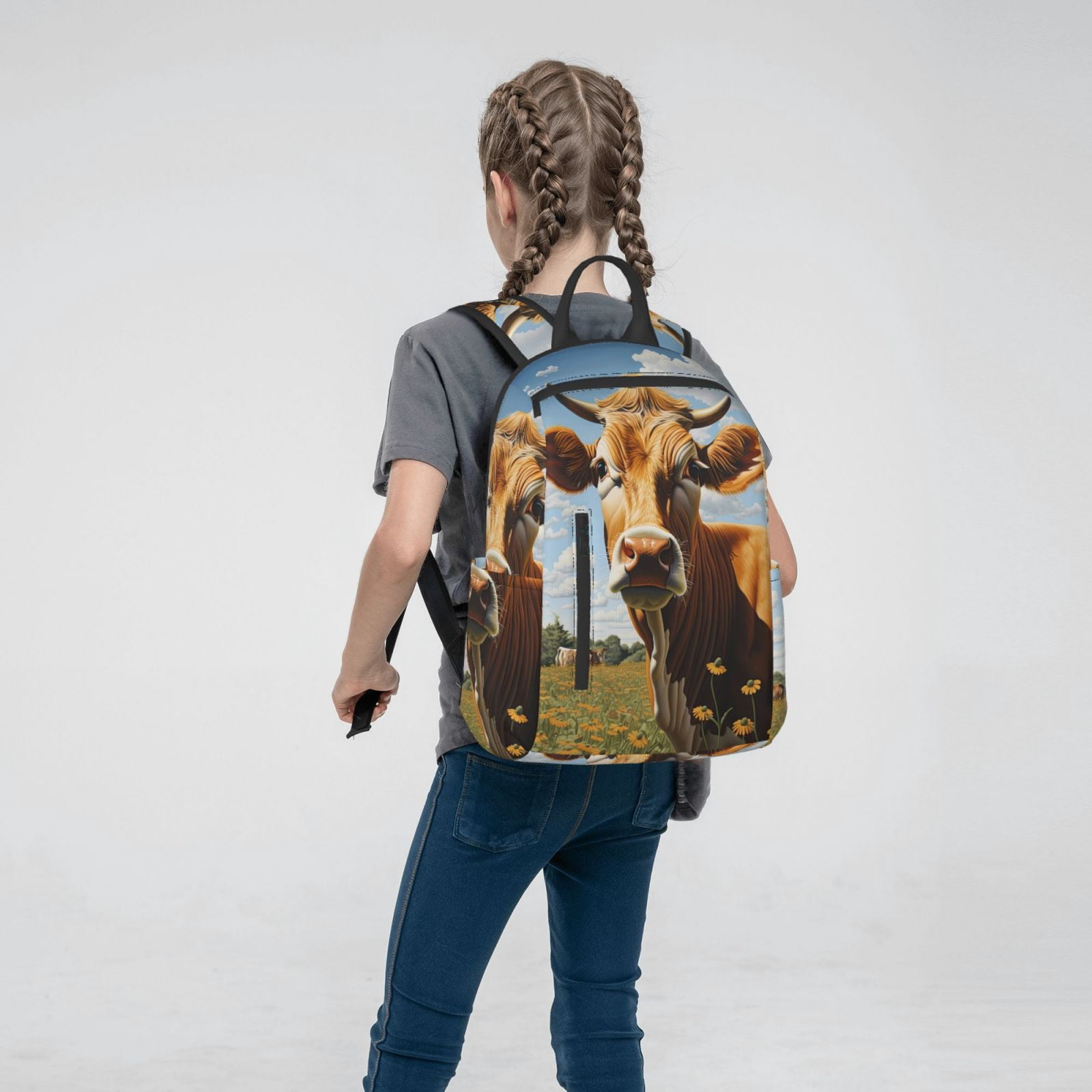 Xecao Daisy Flower Field Cow print Backpack For women men Aesthetic Lightweight Travel Daypack Simple Cute Backpack For Bookbag