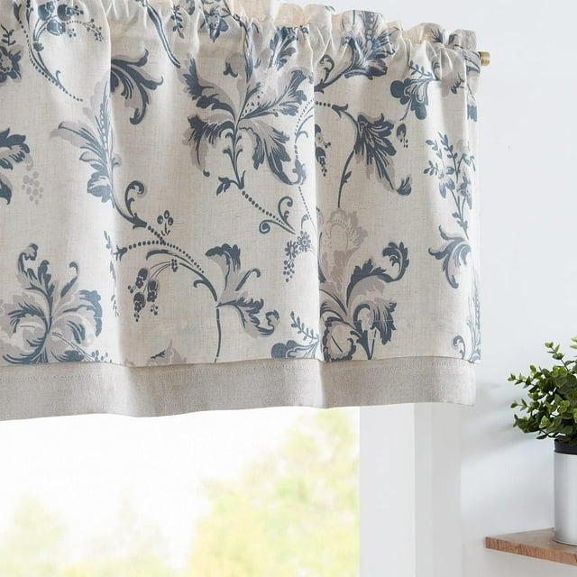 Linen Valance Curtain Farmhouse Window Decor Floral Print for Kitchen Living Room Double Layer Blackout Valance 18 Inches Rustic Window Treatment 1 Panel Rod Pocket Blue on Beige