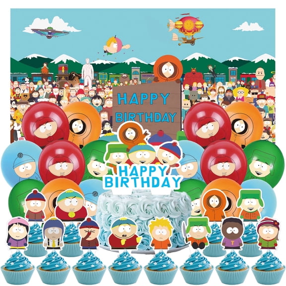 30 Pcs For South Park Theme Birthday Party Supplies Party Favor Set,With 16 Balloons,13 Cupcake Toppers,5*3ft Birthday Backdrop Decorations, All in One Party Supply Set
