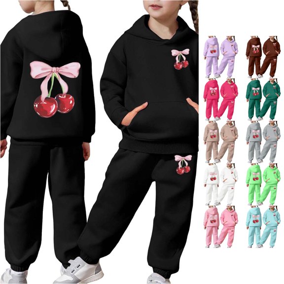WERYOUNG Child Toddler Boys Girls Outfits Long Sleeve Cherry Print Hoodie Pullover Tops Pants Kids Fall Winter Sweat Suit Sets Trendy Clothing Sets 2-3 Years