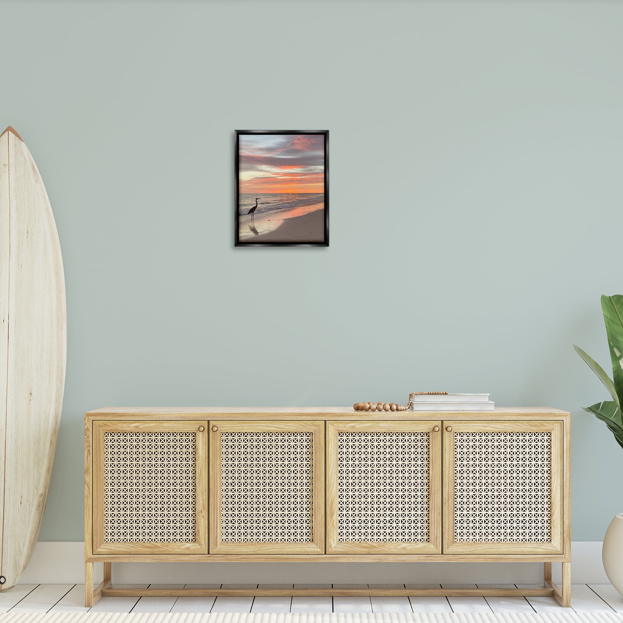 Stupell Industries Lone Egret on Beach Nautical & Beach Photography Black Floater Framed Canvas Art Print Wall Art, 17 x 21