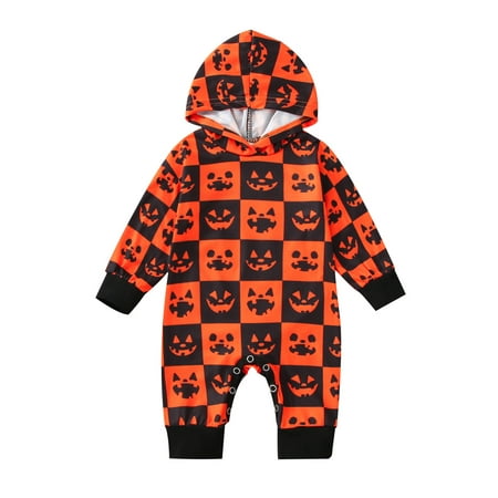 

Meihuida Newborn Baby Hooded Romper Plaid Grimace/Pumpkin Printed Long Sleeve Overalls Casual Simple Style Jumpsuit