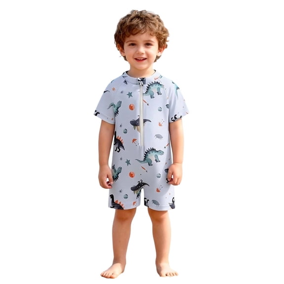 One Piece Swimsuit For Boys Half Zip Short Sleeve Crew Neck Print Swimwear Quick Dry Stretchy Bathing Suit (12 Months, Gray)