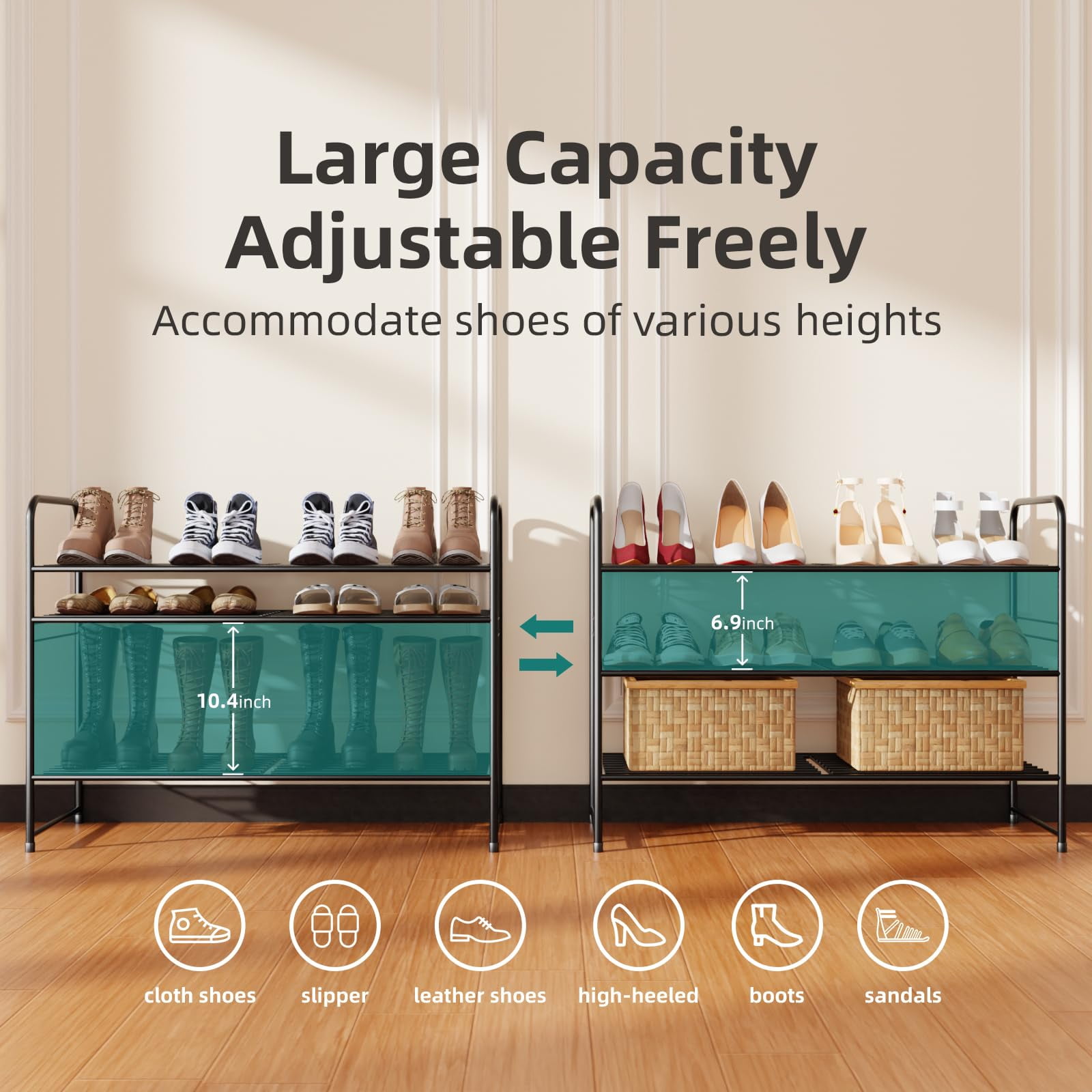 3-Tier Metal Shoes Rack for Closet, 33" Wide Shoe Storage Organizer, Black
