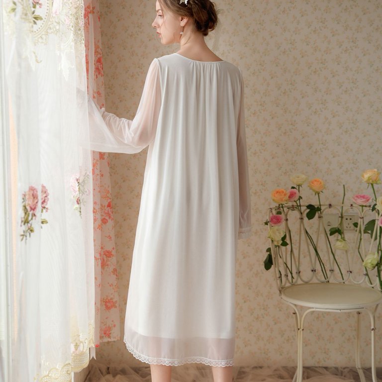 Defitshape Women's Sheer Long Sleeve Sleep Shirt Soft Overlay Lace V Neck  Nightgown Princess Tulle Pajama Dress Sleepwear White Large - Walmart.com
