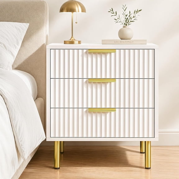 White and Gold Nightstand, 24" Tall Mid Century Modern Fluted Bedside Table, 3 Drawer Small Dresser, Ribbed Accent End Table with Metal Legs, 1-Pack